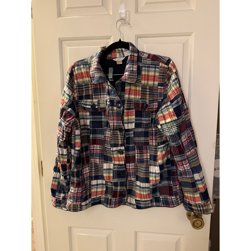 Christopher & Banks Patchwork Plaid Jacket Navy Red Multi Color Size Large